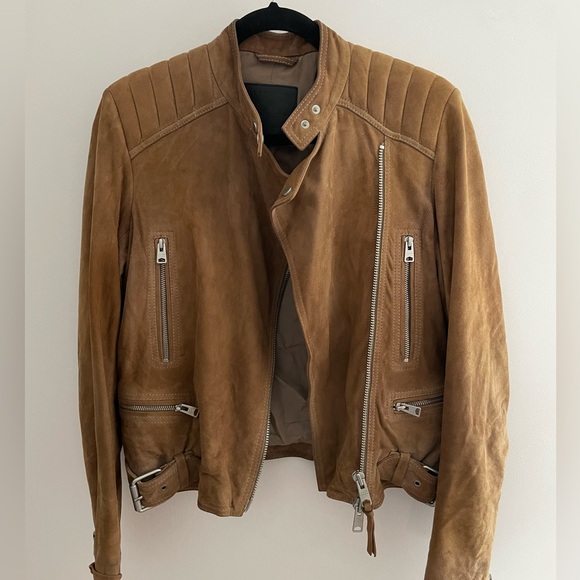 All Saints Kerr Real Suede Biker Jacket Tan Brown Leather Buckle Zips Size 8 - Picture 1 of 5